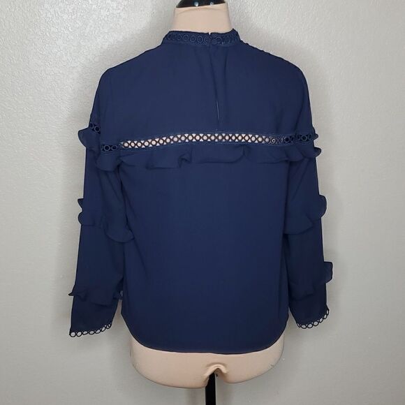 J.crew 6 Navy Blue Tiered Ruffle Top with Scalloped Lace Trim - Picture 4 of 8